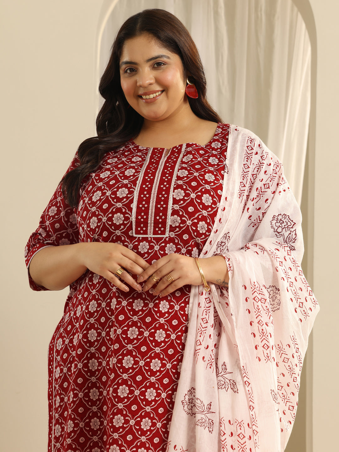 Plus Size Red Printed Cotton Straight Suit Set With Dupatta
