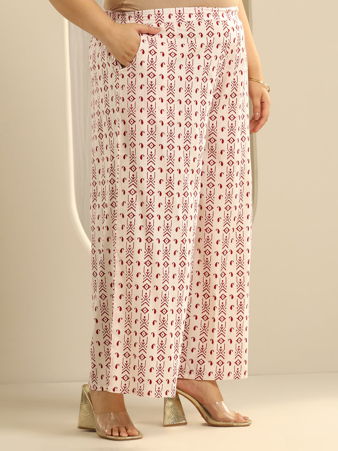 Plus Size Red Printed Cotton Straight Suit Set With Dupatta