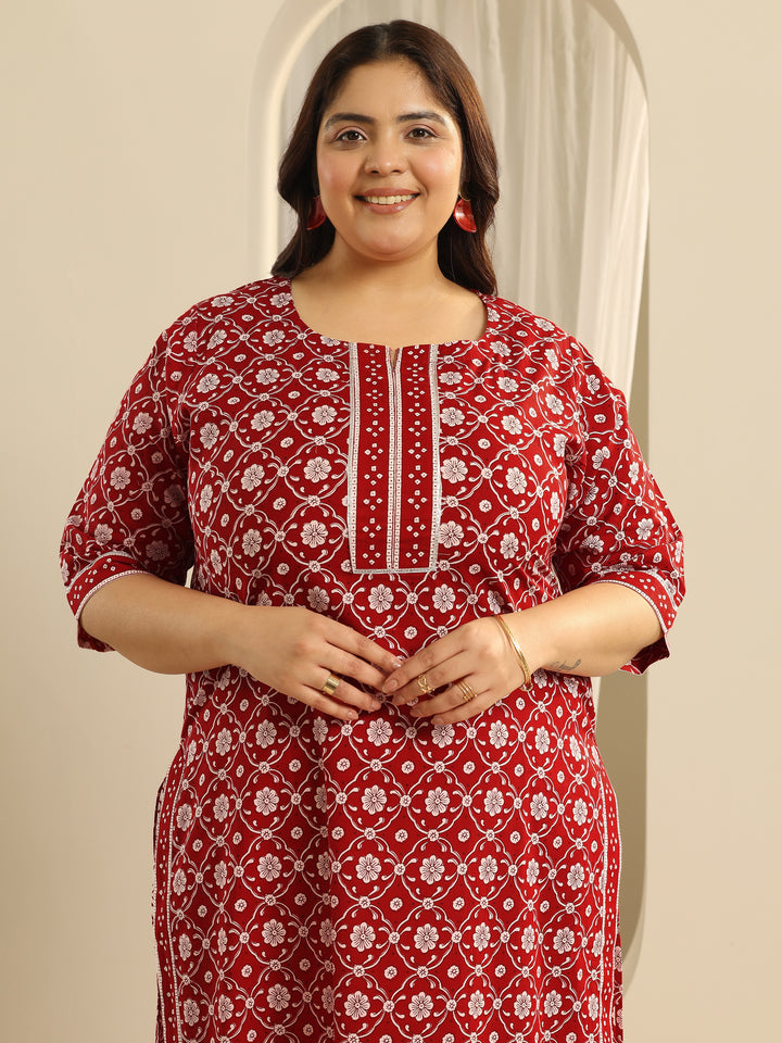 Plus Size Red Printed Cotton Straight Suit Set With Dupatta