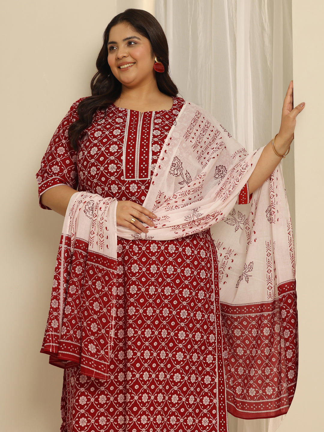Plus Size Red Printed Cotton Straight Suit Set With Dupatta