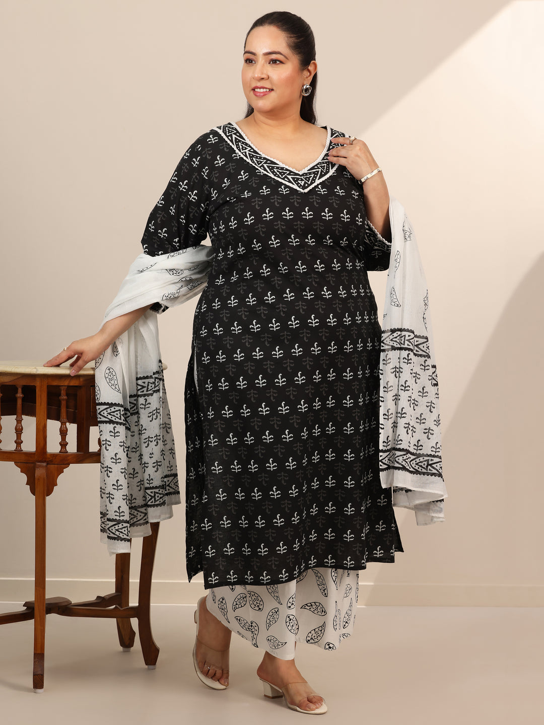 Plus Size Black Printed Cotton Straight Suit Set With Dupatta