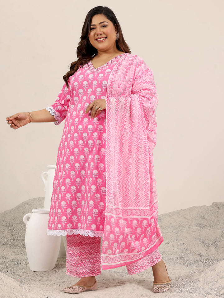 Plus Size Pink Printed Cotton Straight Suit Set With Dupatta