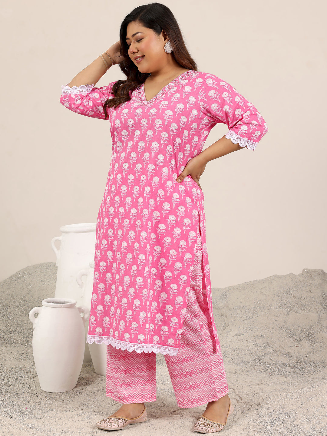 Plus Size Pink Printed Cotton Straight Suit Set With Dupatta