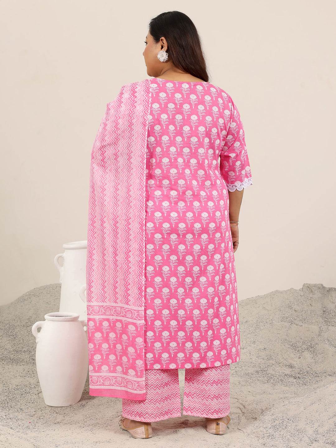 Plus Size Pink Printed Cotton Straight Suit Set With Dupatta