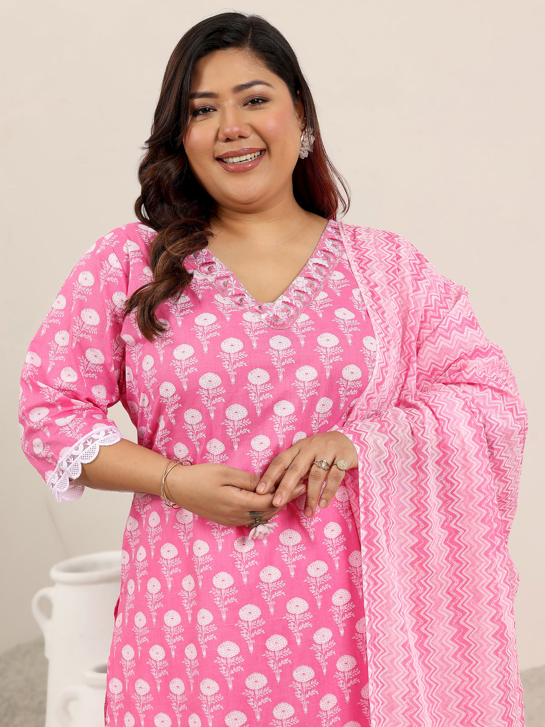 Plus Size Pink Printed Cotton Straight Suit Set With Dupatta