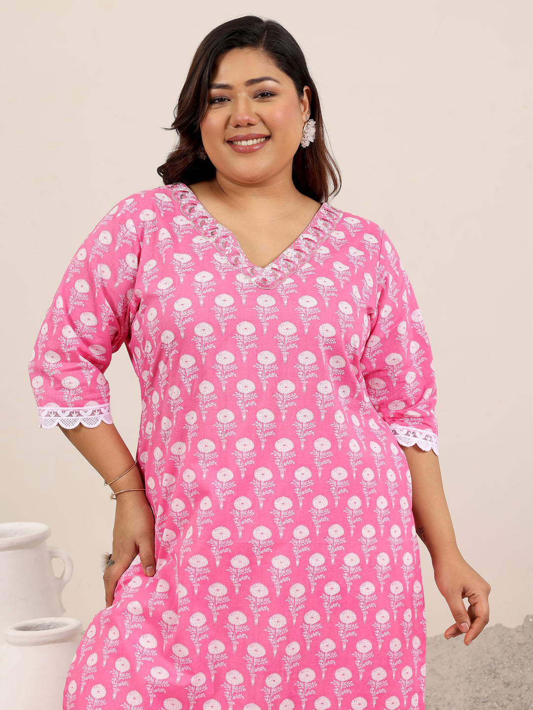 Plus Size Pink Printed Cotton Straight Suit Set With Dupatta
