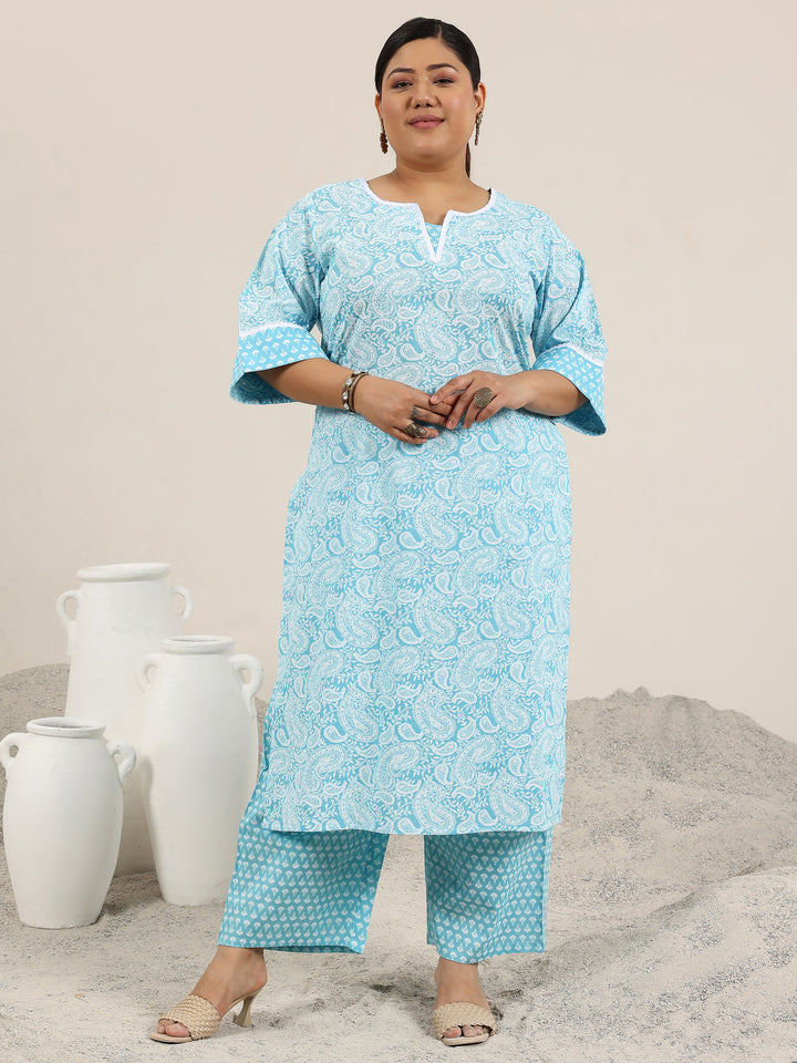 Plus Size Blue Printed Cotton Straight Kurta Set