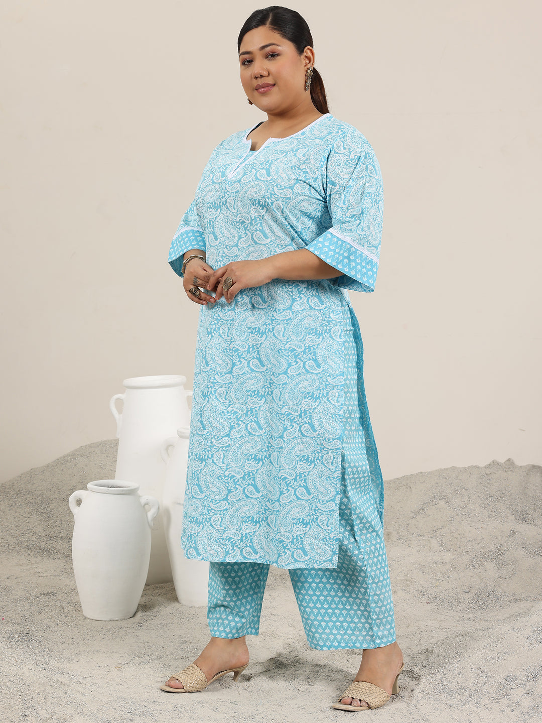 Plus Size Blue Printed Cotton Straight Kurta Set