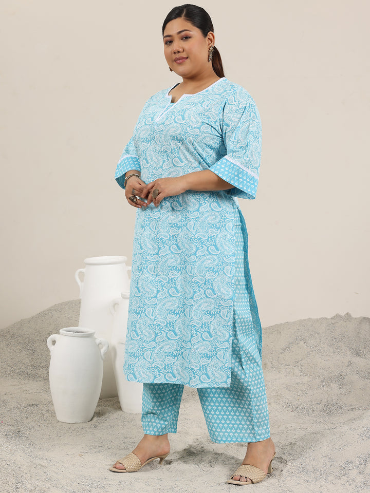 Plus Size Blue Printed Cotton Straight Kurta Set