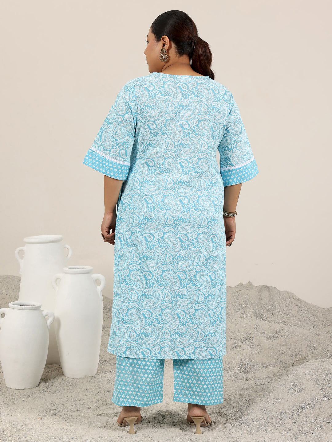 Plus Size Blue Printed Cotton Straight Kurta Set