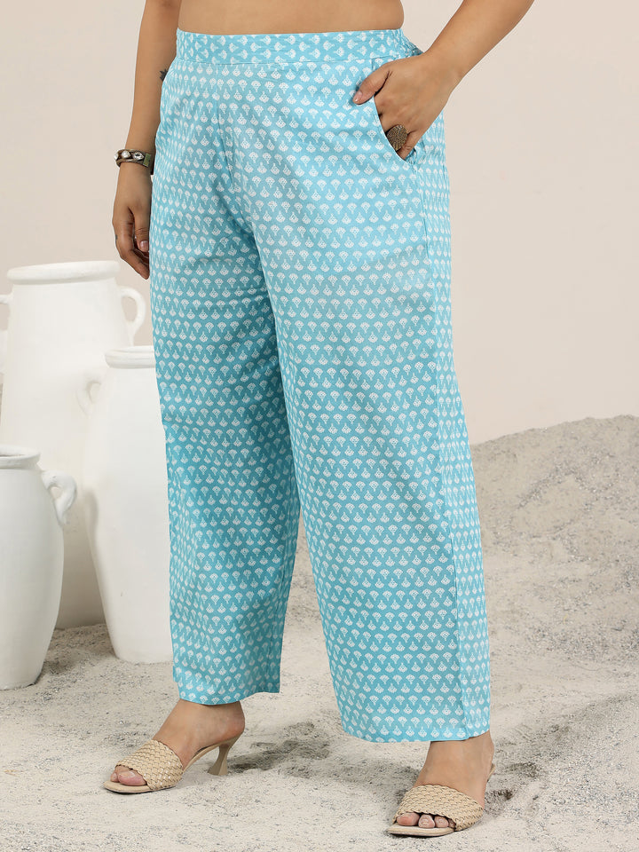 Plus Size Blue Printed Cotton Straight Kurta Set