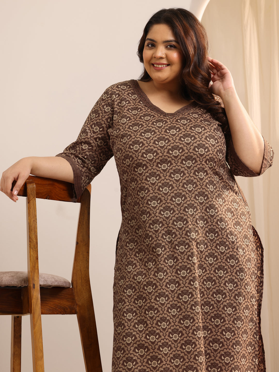 Plus Size Brown Printed Cotton Straight Kurta Set
