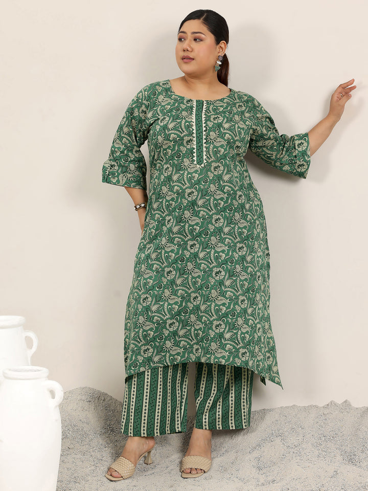 Plus Size Green Printed Cotton Straight Kurta Set