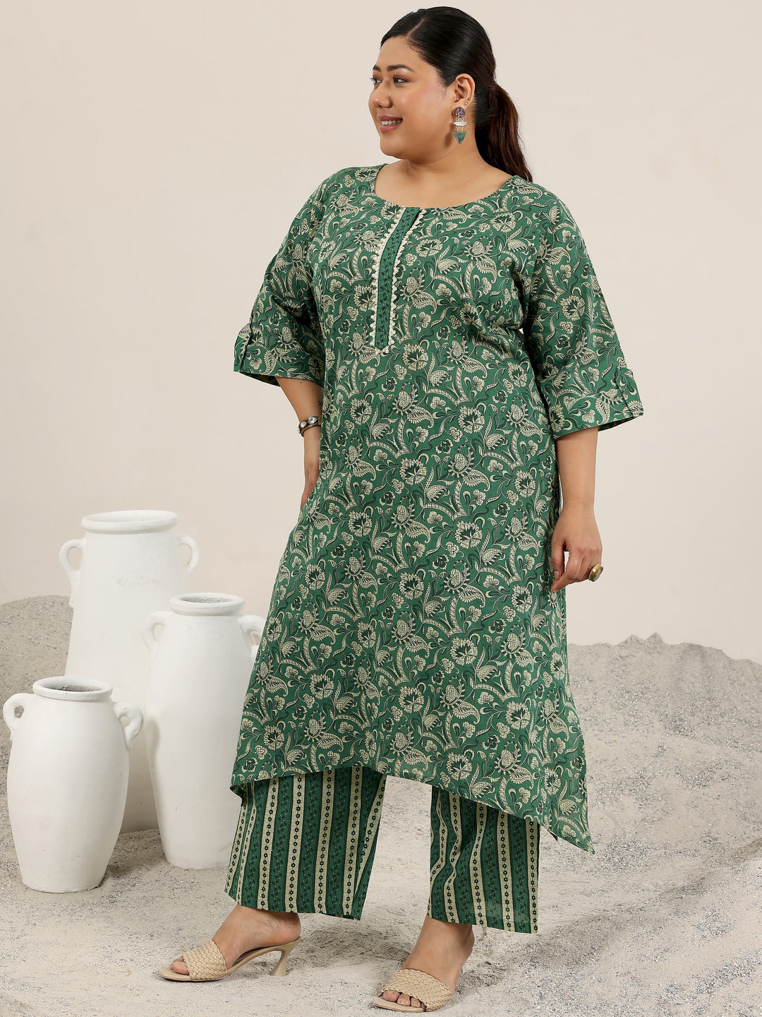 Plus Size Green Printed Cotton Straight Kurta Set