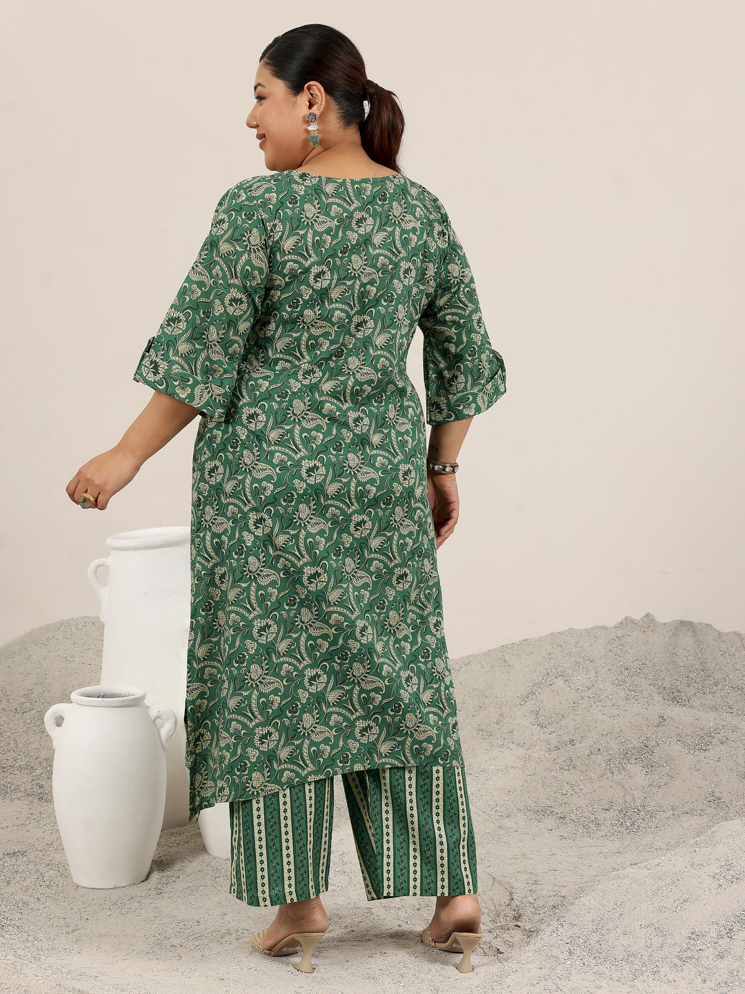 Plus Size Green Printed Cotton Straight Kurta Set