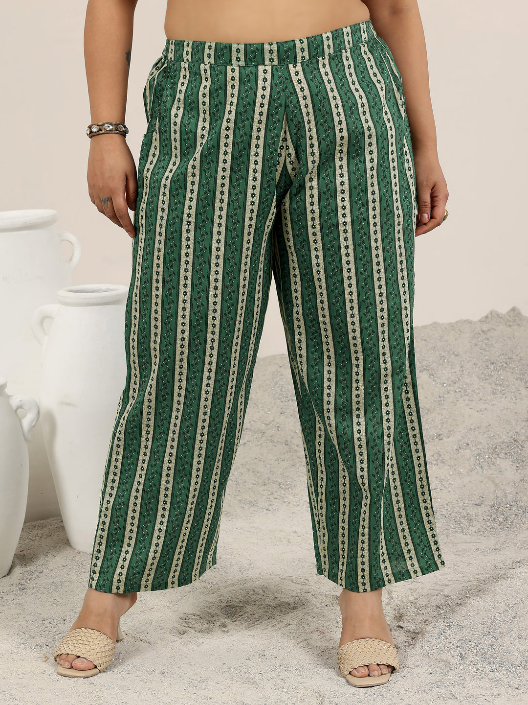 Plus Size Green Printed Cotton Straight Kurta Set