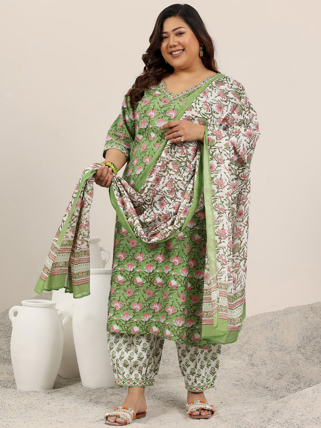 Plus Size Green Printed Cotton Straight Suit Set With Dupatta