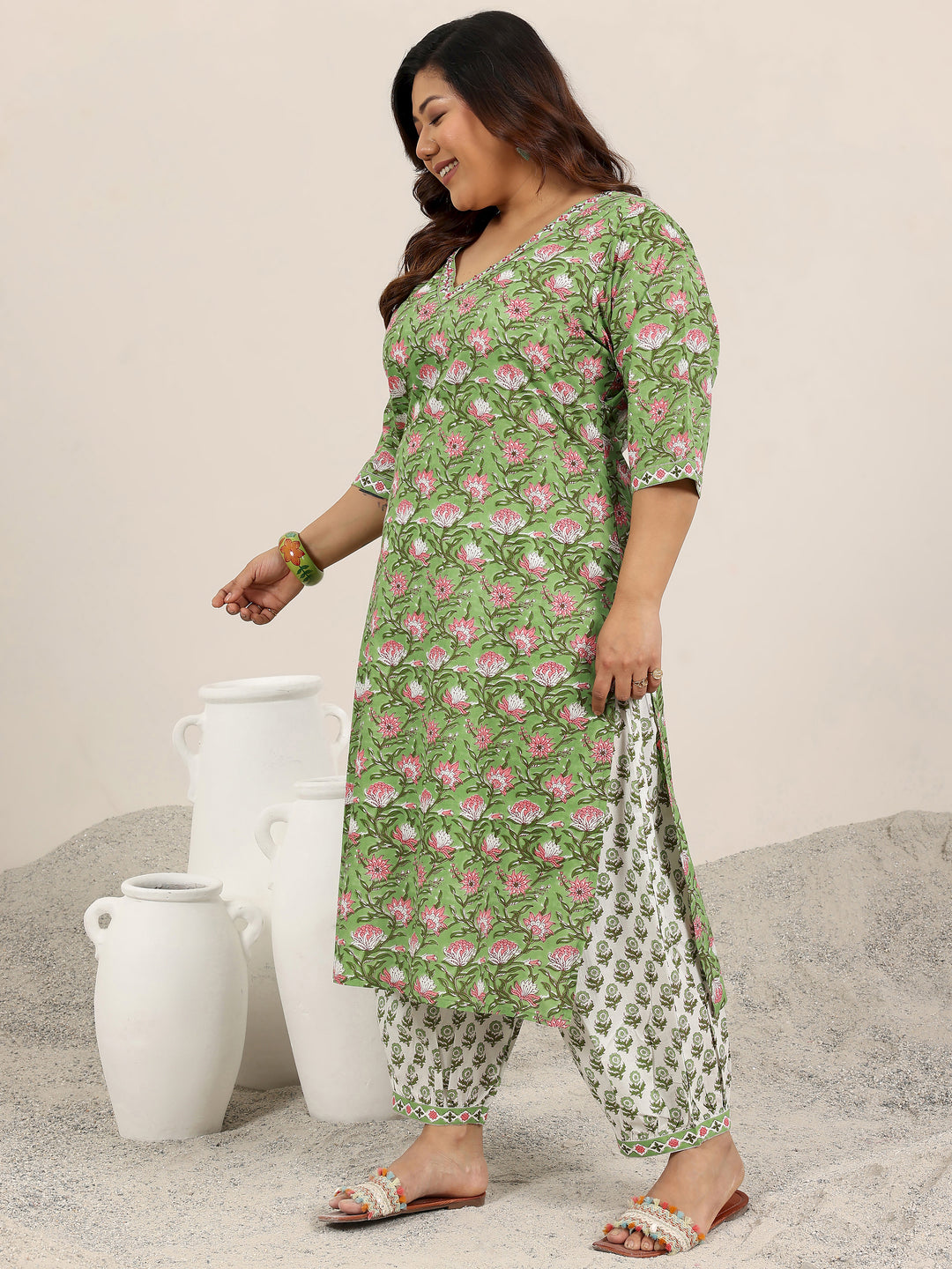 Plus Size Green Printed Cotton Straight Suit Set With Dupatta
