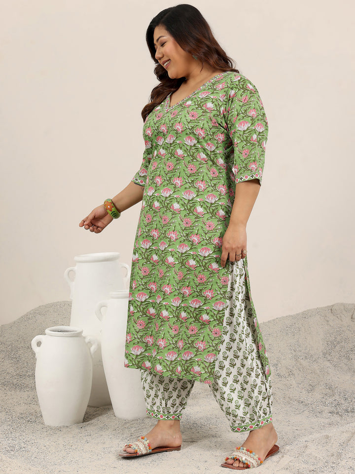 Plus Size Green Printed Cotton Straight Suit Set With Dupatta