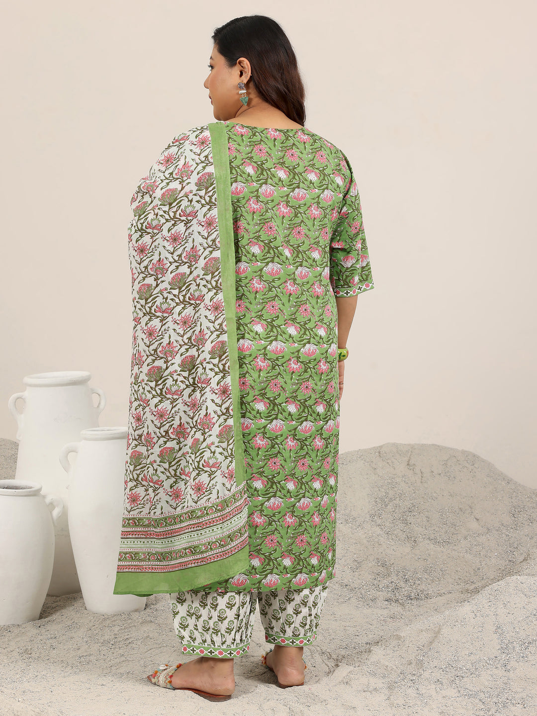 Plus Size Green Printed Cotton Straight Suit Set With Dupatta