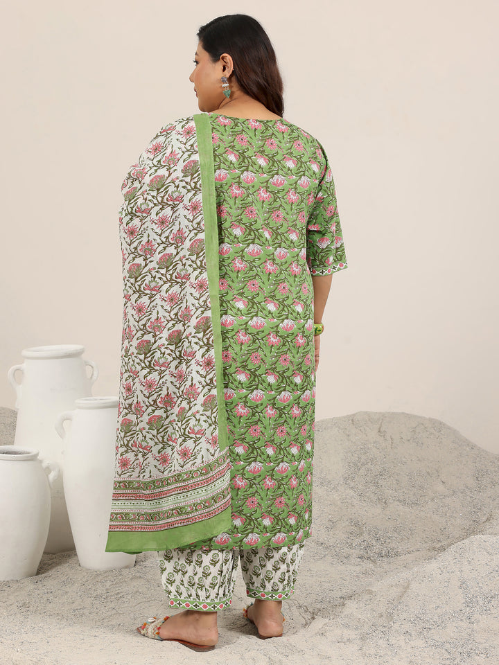 Plus Size Green Printed Cotton Straight Suit Set With Dupatta