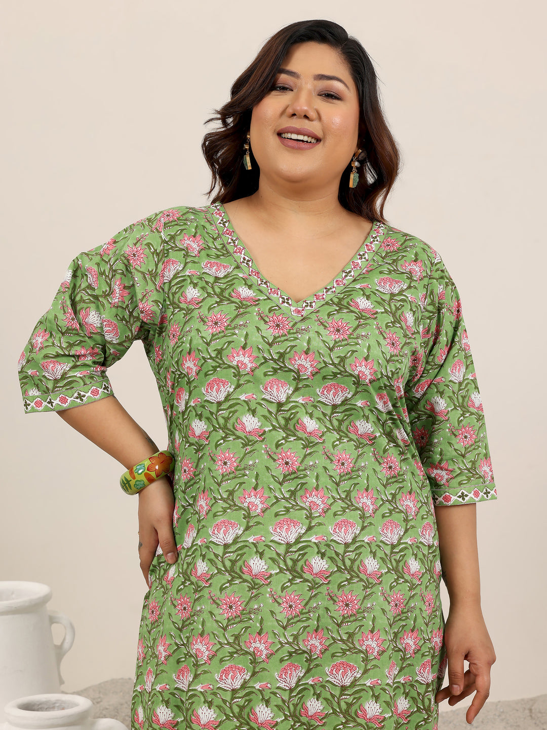 Plus Size Green Printed Cotton Straight Suit Set With Dupatta