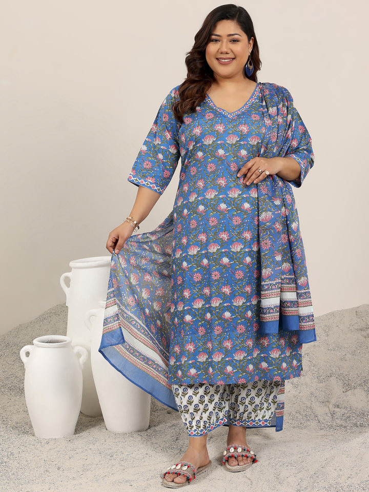 Plus Size Blue Printed Cotton Straight Suit Set With Dupatta