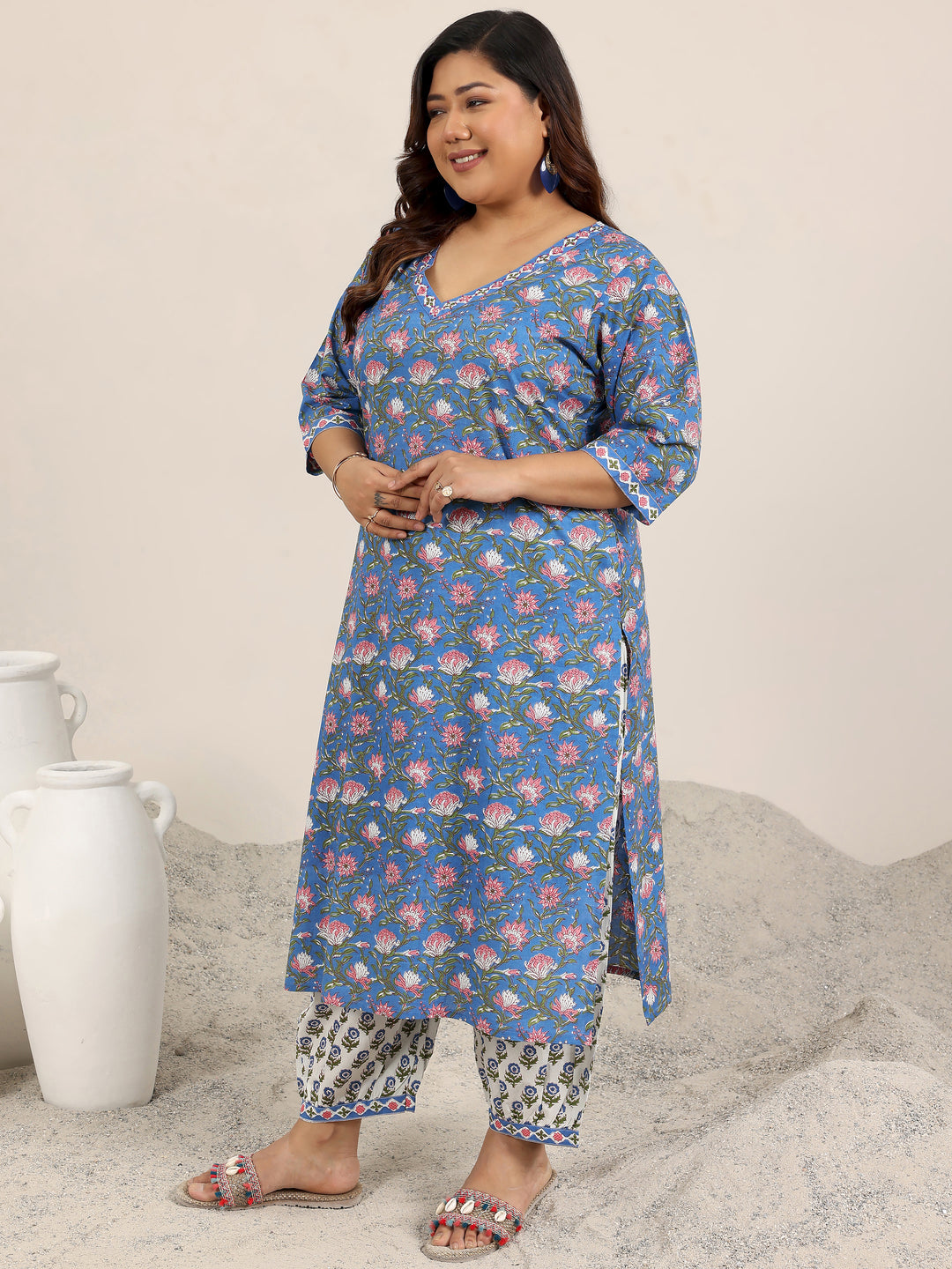 Plus Size Blue Printed Cotton Straight Suit Set With Dupatta