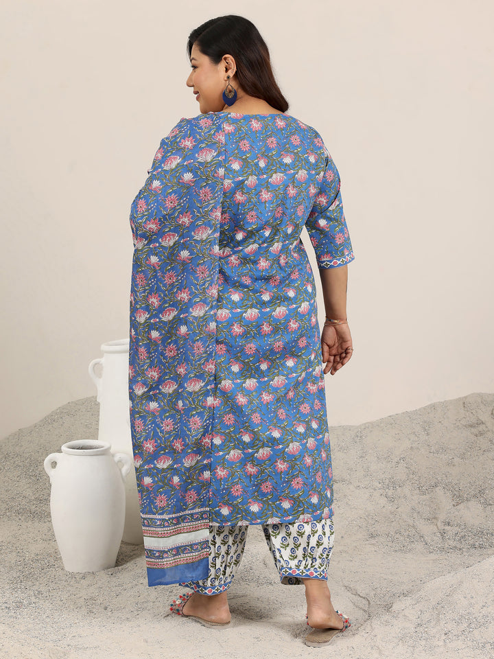 Plus Size Blue Printed Cotton Straight Suit Set With Dupatta