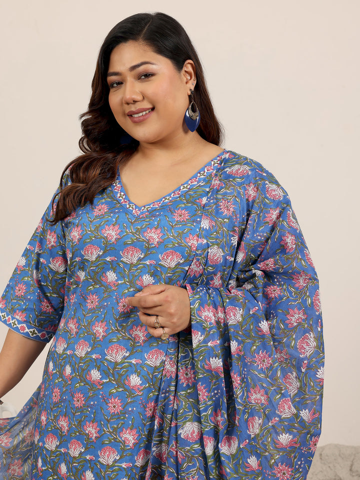 Plus Size Blue Printed Cotton Straight Suit Set With Dupatta