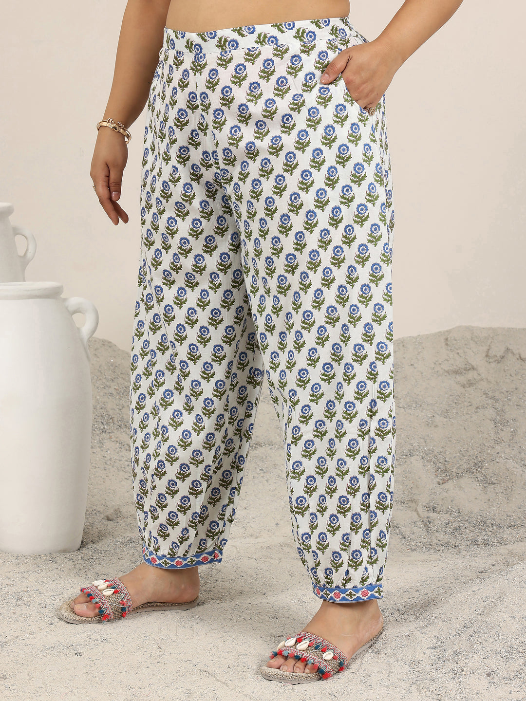 Plus Size Blue Printed Cotton Straight Suit Set With Dupatta