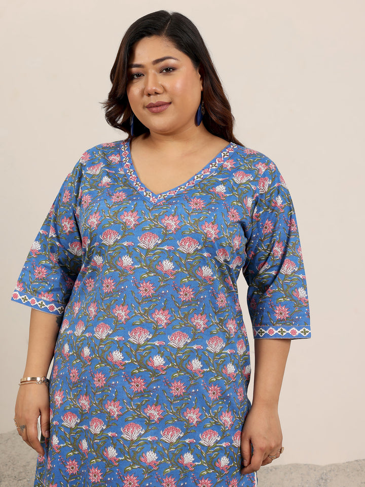 Plus Size Blue Printed Cotton Straight Suit Set With Dupatta