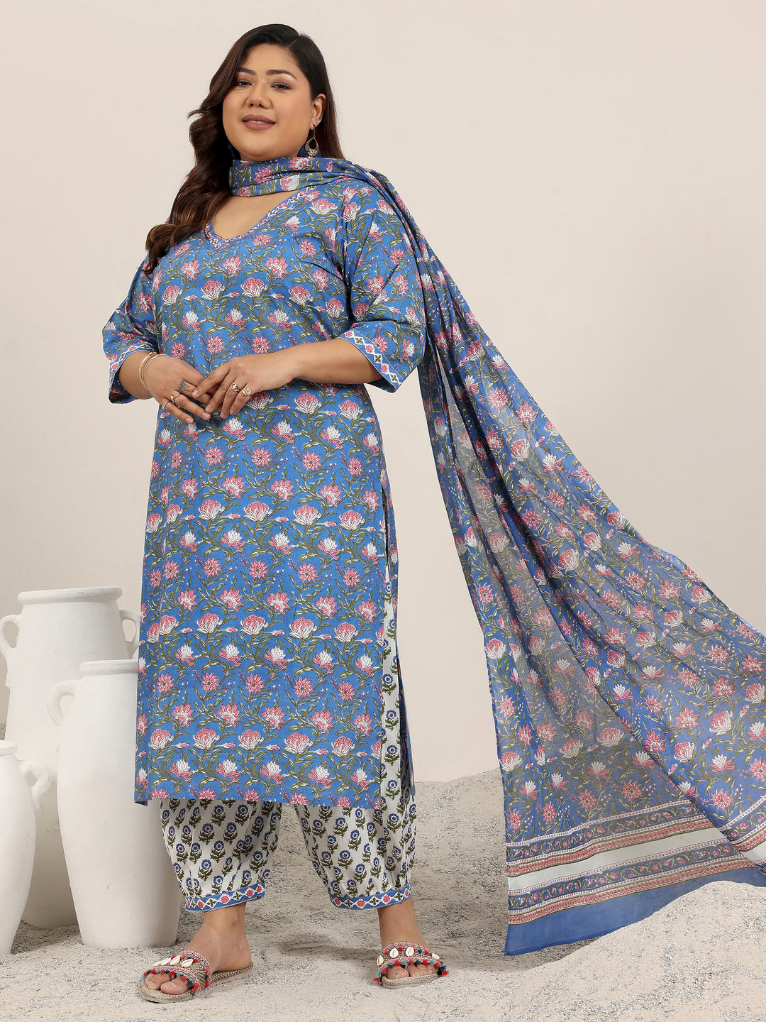 Plus Size Blue Printed Cotton Straight Suit Set With Dupatta