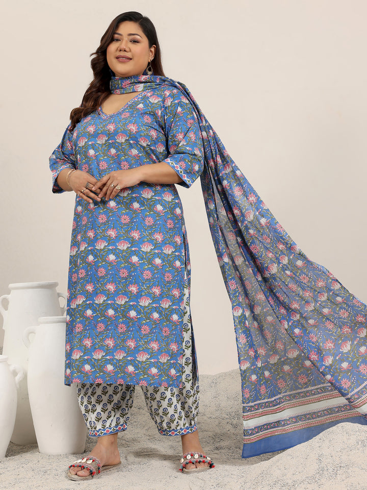Plus Size Blue Printed Cotton Straight Suit Set With Dupatta