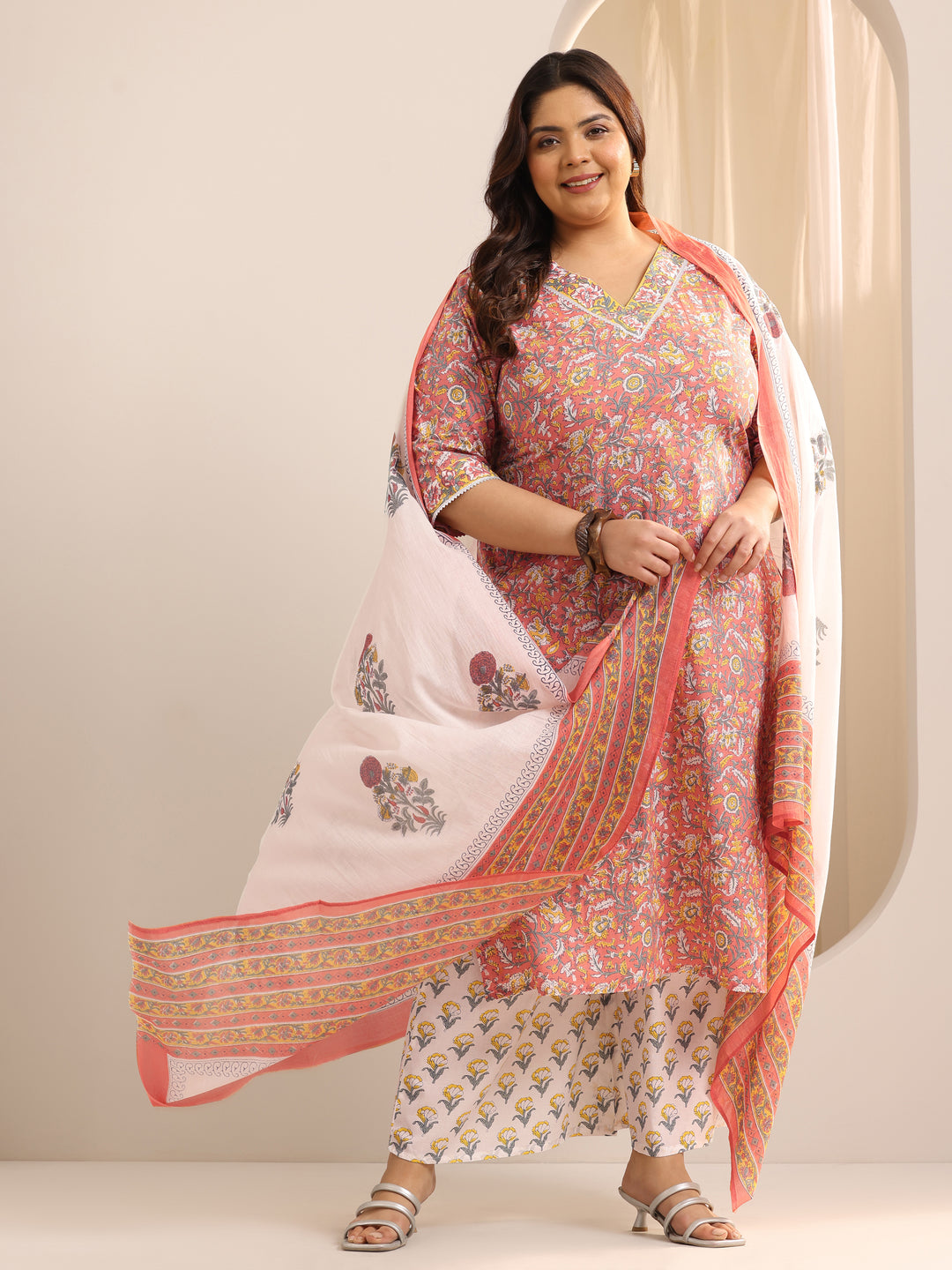Plus Size Coral Printed Cotton Straight Suit Set With Dupatta