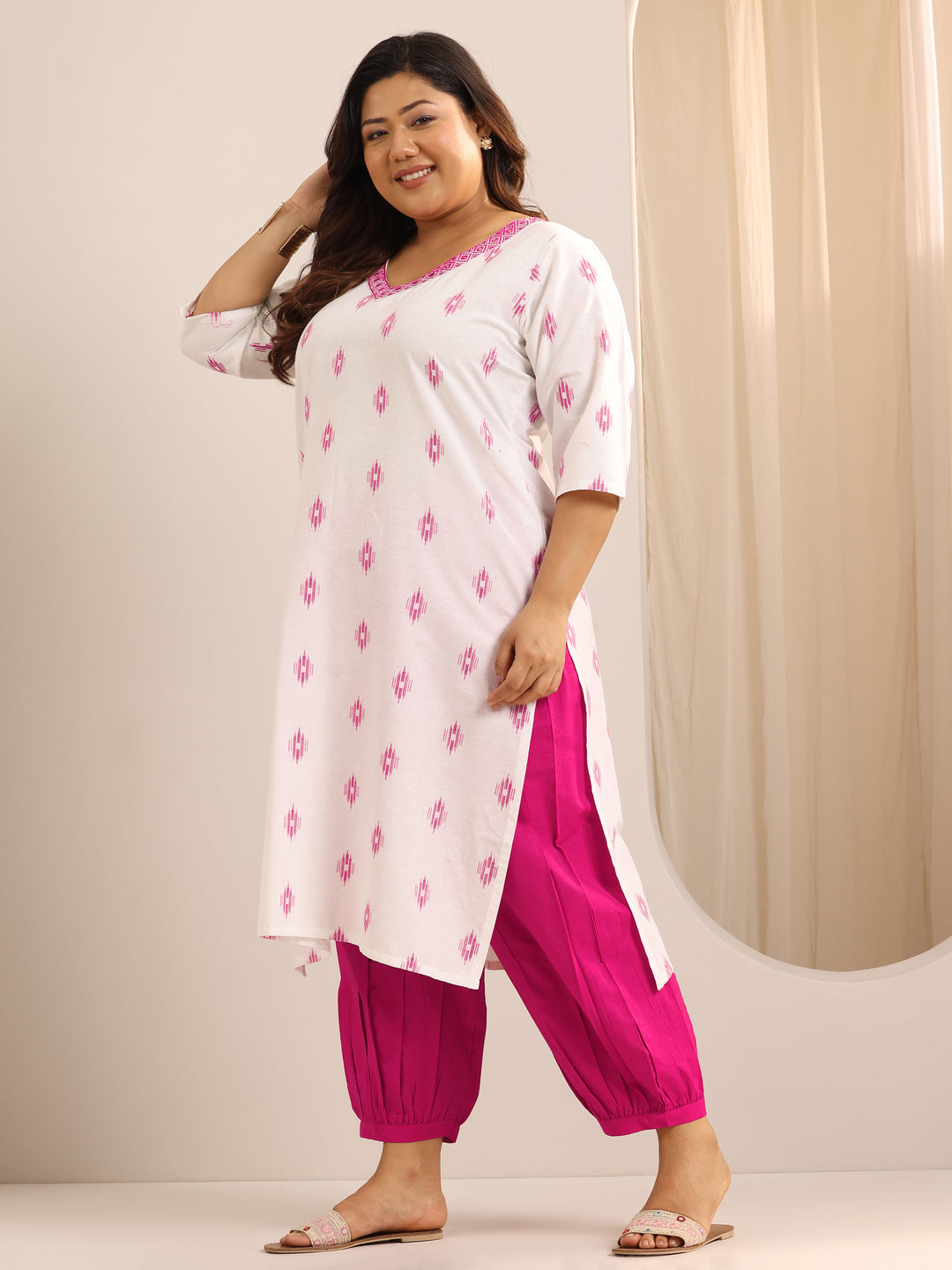 Plus Size Off White Self Design Cotton Blend Straight Suit Set With Dupatta