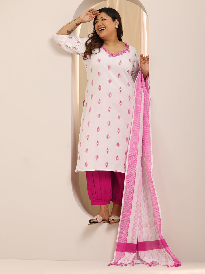 Plus Size Off White Self Design Cotton Blend Straight Suit Set With Dupatta