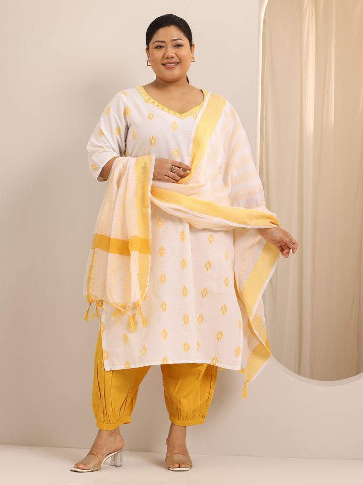 Plus Size Off White Woven Design Cotton Blend Suit Set With Dupatta