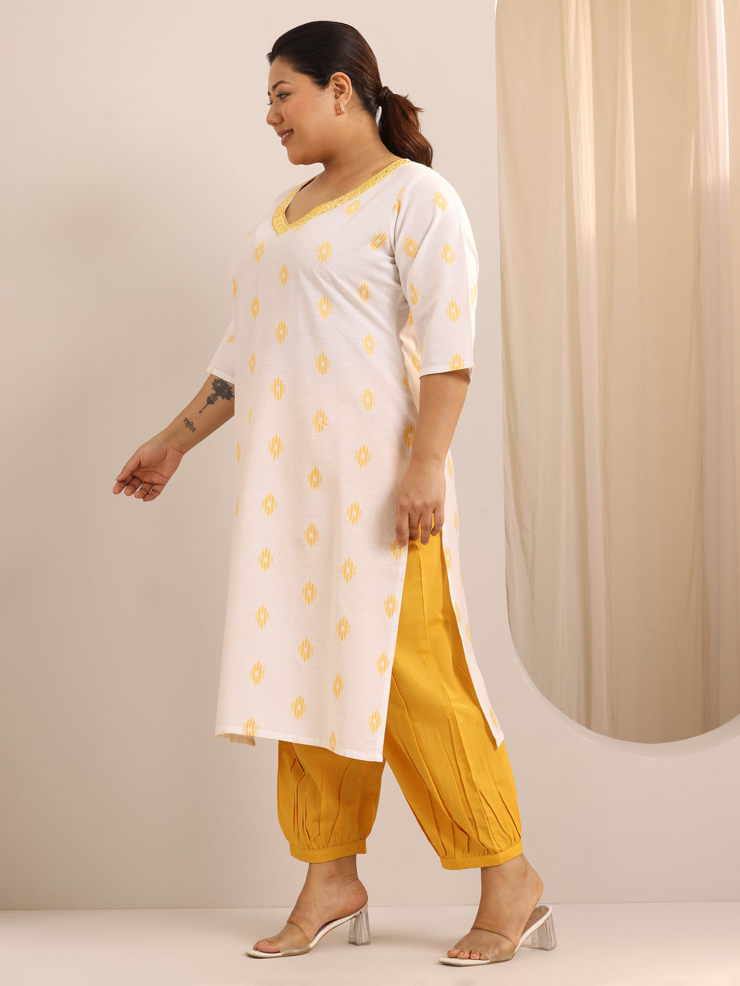 Plus Size Off White Woven Design Cotton Blend Suit Set With Dupatta