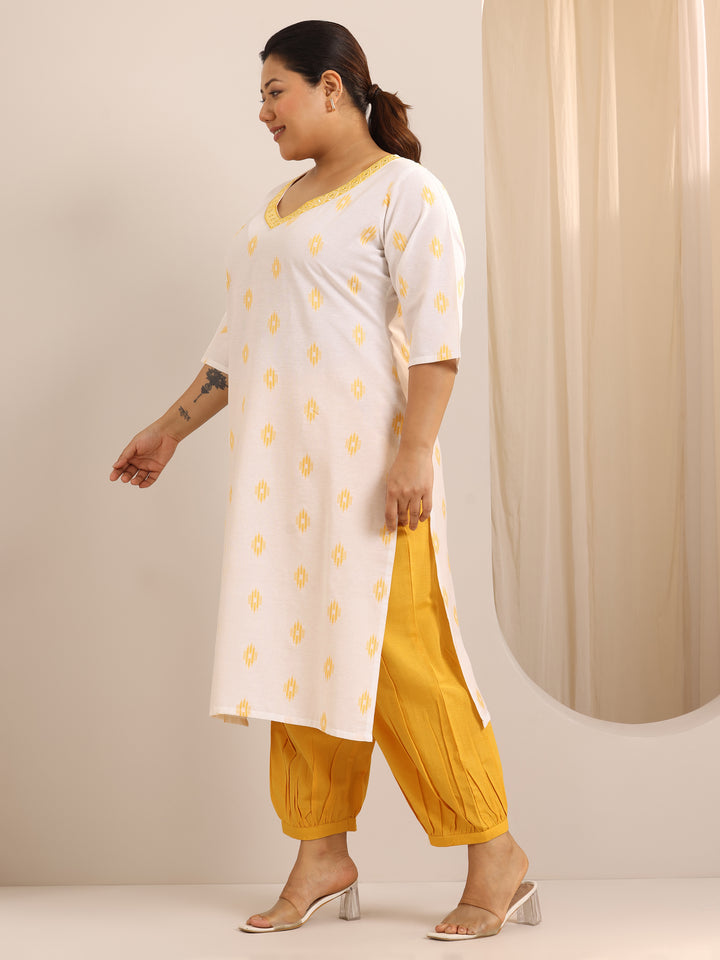 Plus Size Off White Woven Design Cotton Blend Suit Set With Dupatta