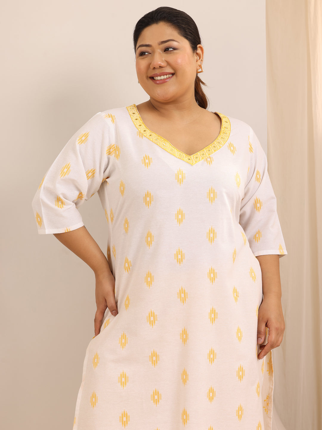 Plus Size Off White Woven Design Cotton Blend Suit Set With Dupatta