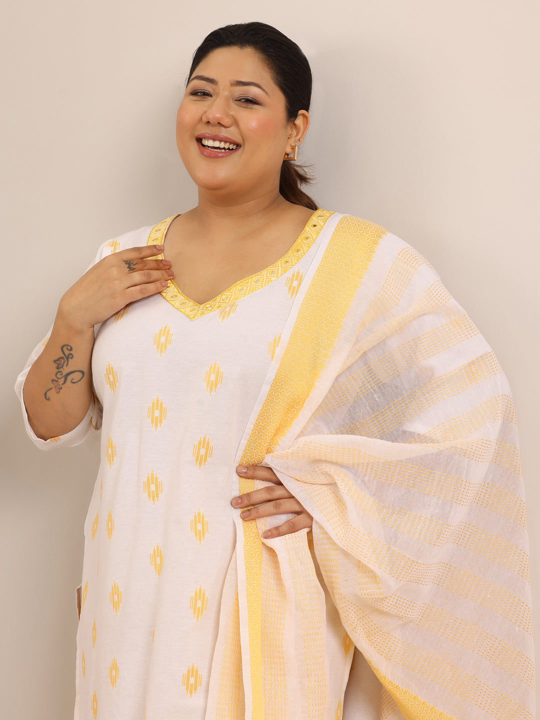 Plus Size Off White Woven Design Cotton Blend Suit Set With Dupatta