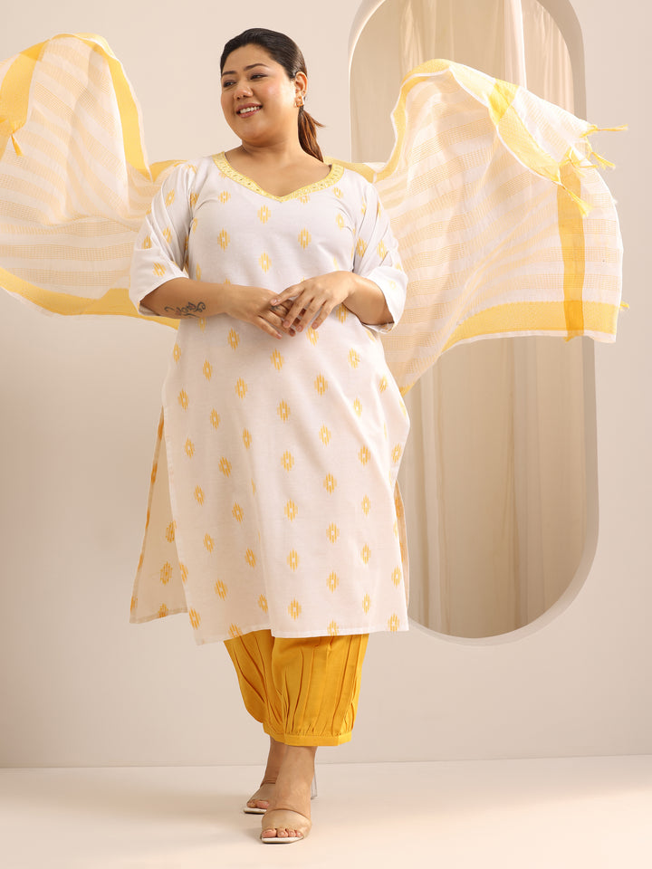 Plus Size Off White Woven Design Cotton Blend Suit Set With Dupatta