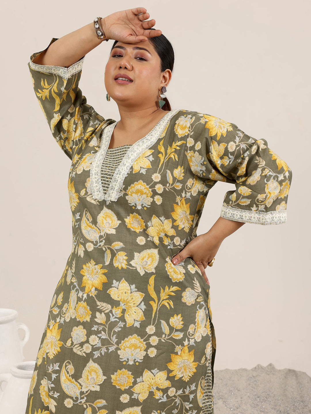 Plus Size Grey Printed Silk Blend Straight Kurta Set