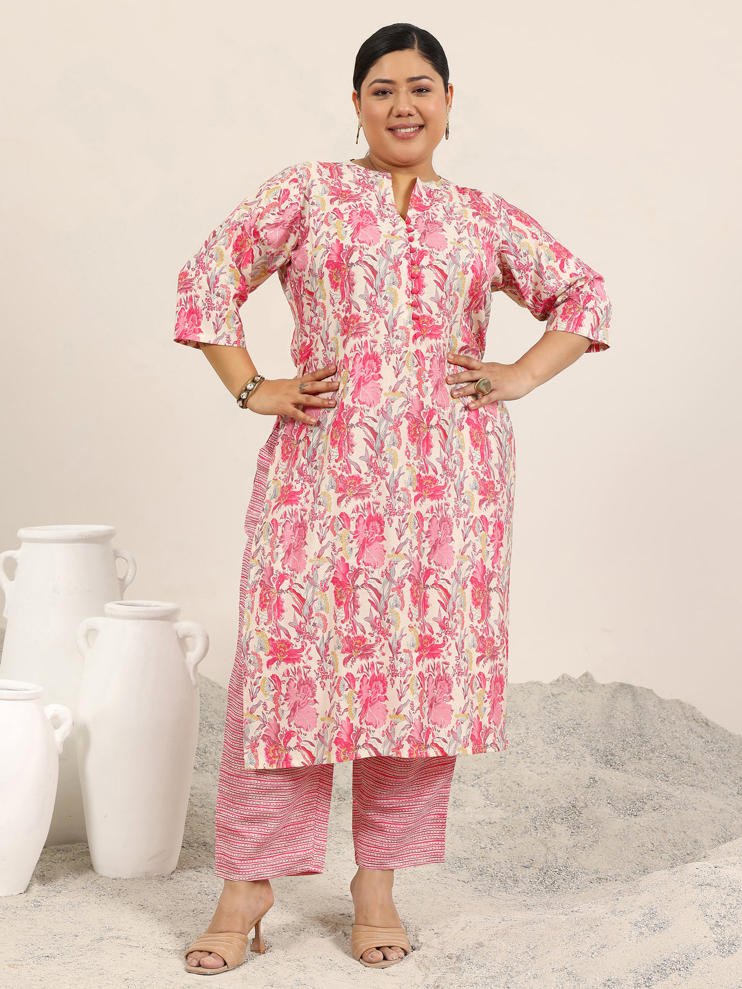 Plus Size Pink Printed Silk Blend Straight Kurta Set