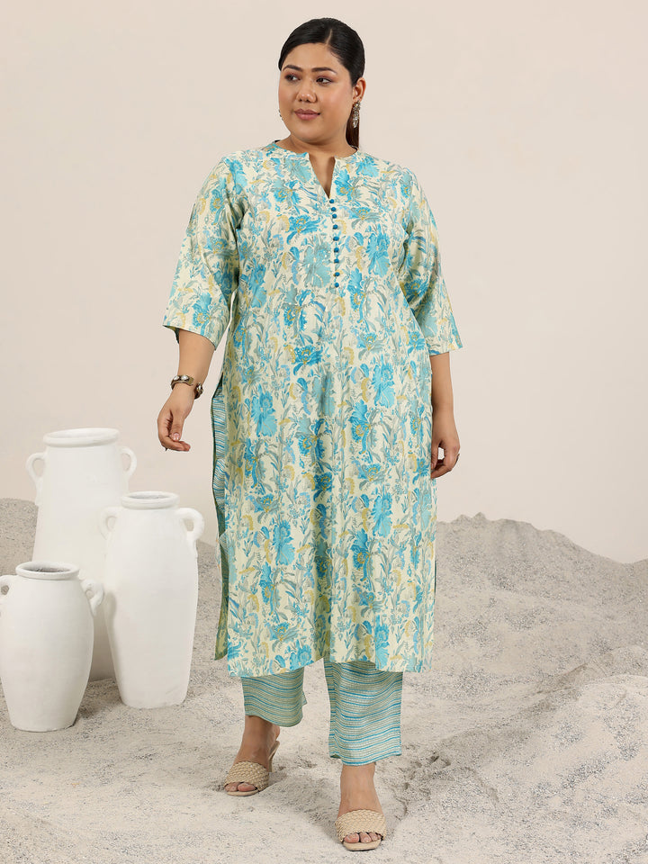 Plus Size Off White Printed Silk Blend Straight Kurta Set