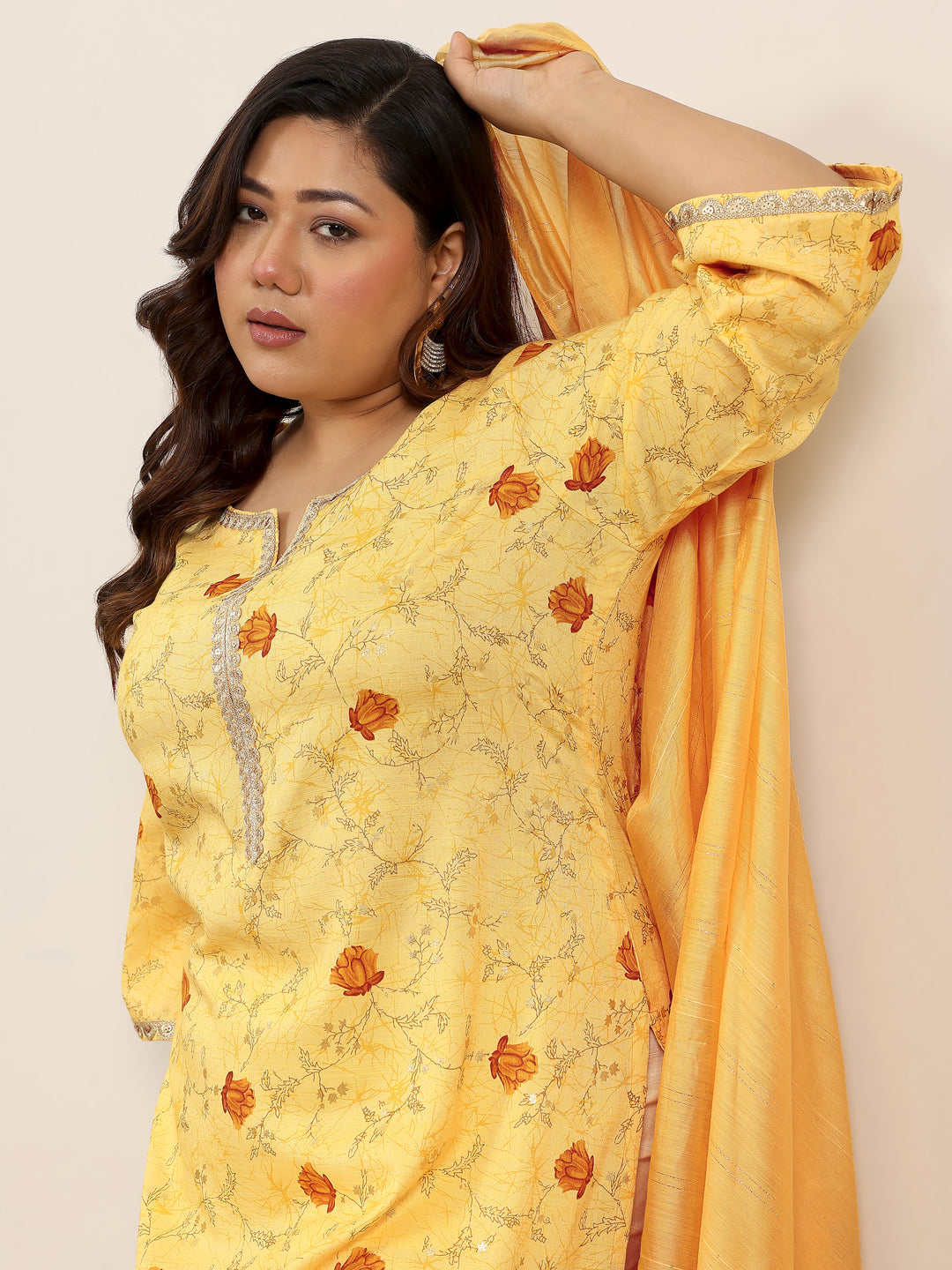Plus Size Yellow Printed Cotton Blend Straight Suit Set With Dupatta
