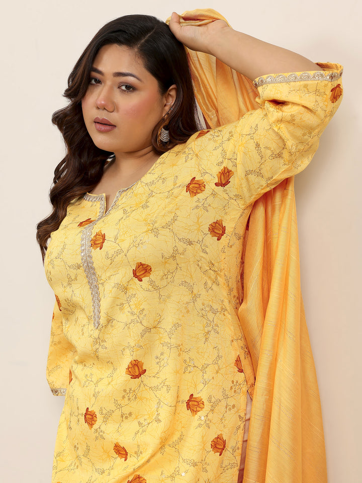 Plus Size Yellow Printed Cotton Blend Straight Suit Set With Dupatta