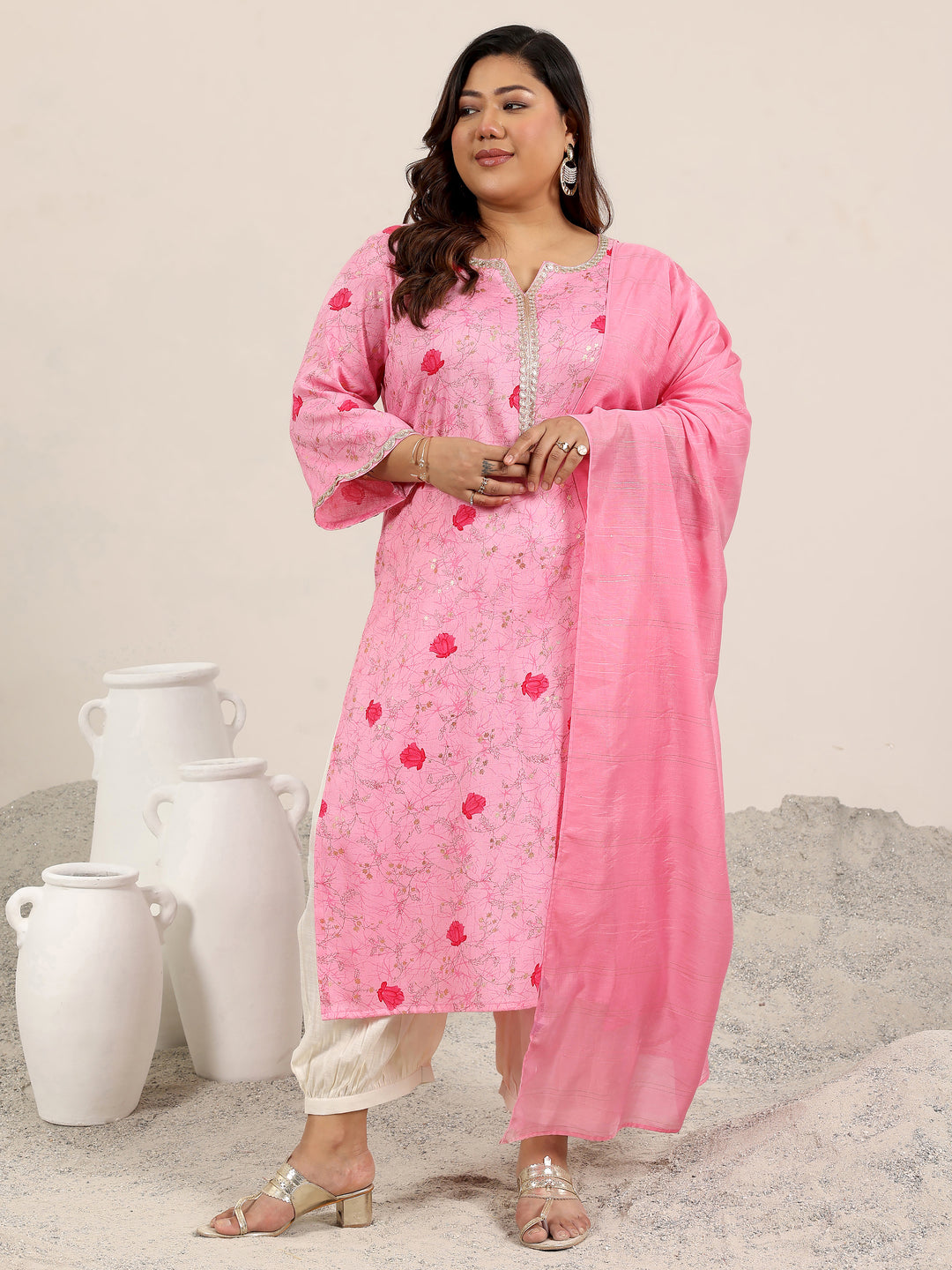 Plus Size Pink Printed Cotton Blend Straight Suit Set With Dupatta