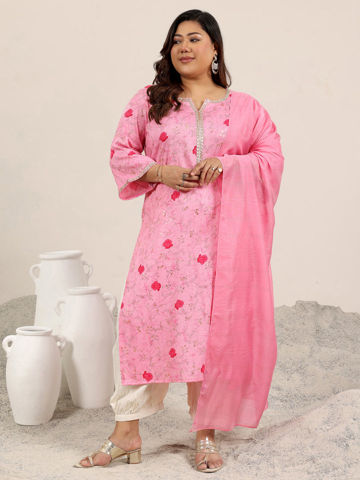 Plus Size Pink Printed Cotton Blend Straight Suit Set With Dupatta